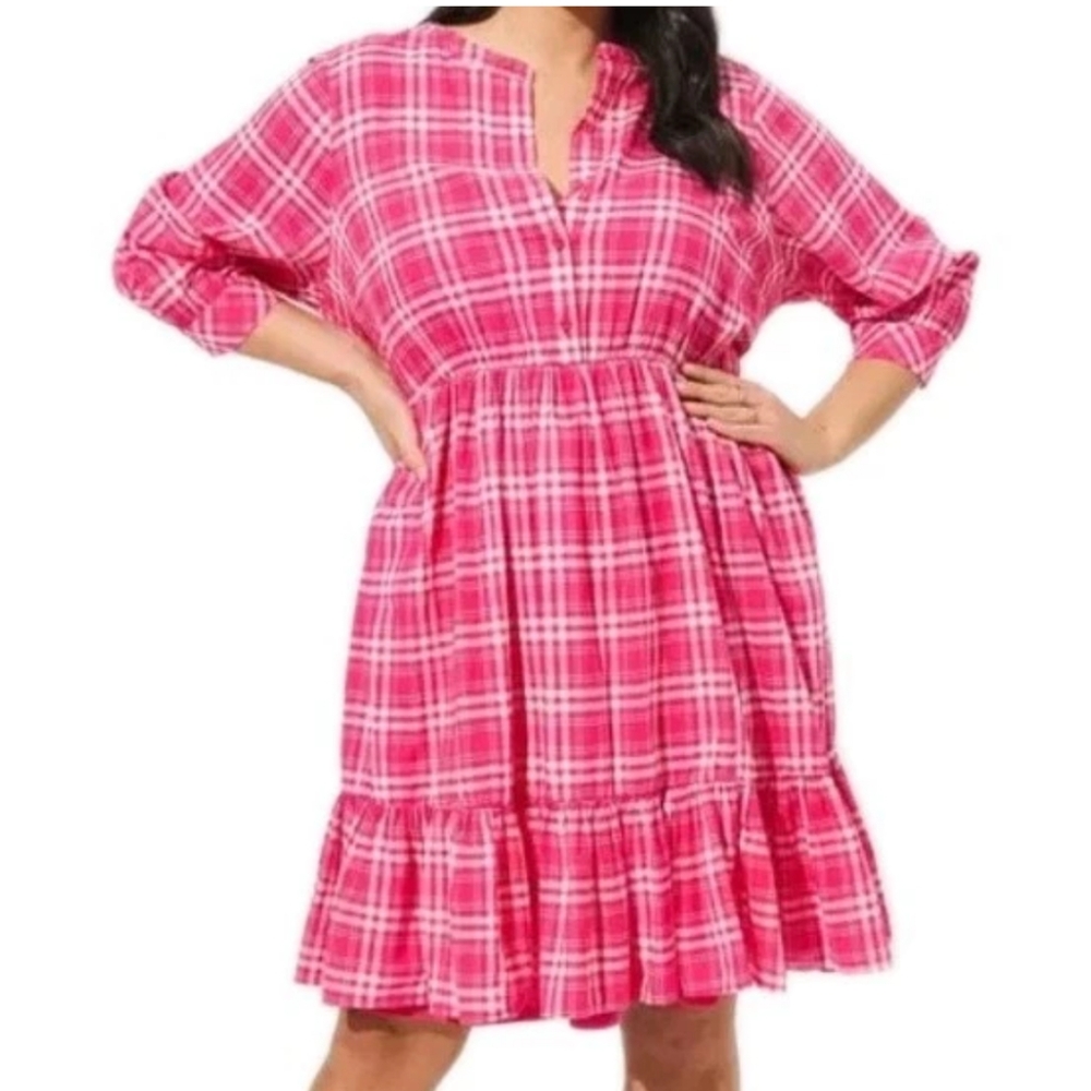 Torrid Tiered Dress Woman Plus 3X Pink Arcana Plaid Mandarin Collar V-neck New